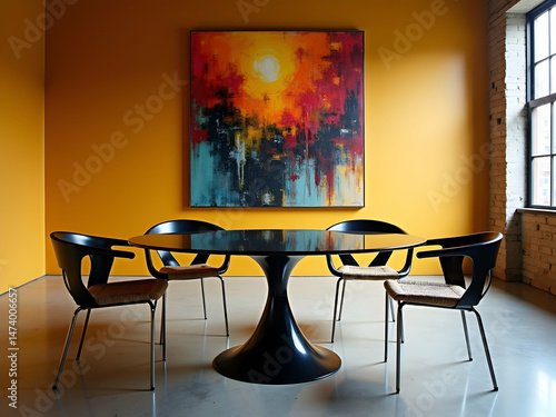 Stylish dining space in a loft with modern black table and chairs radiating warmth through the bright wall and beautiful abstract painting above the table