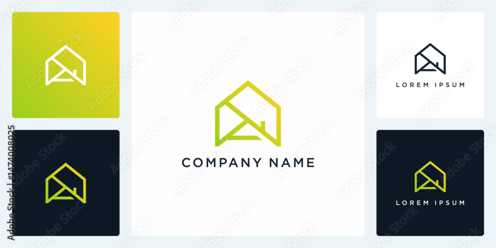 Unique home with letter A logo line Unique home with letter A logo line