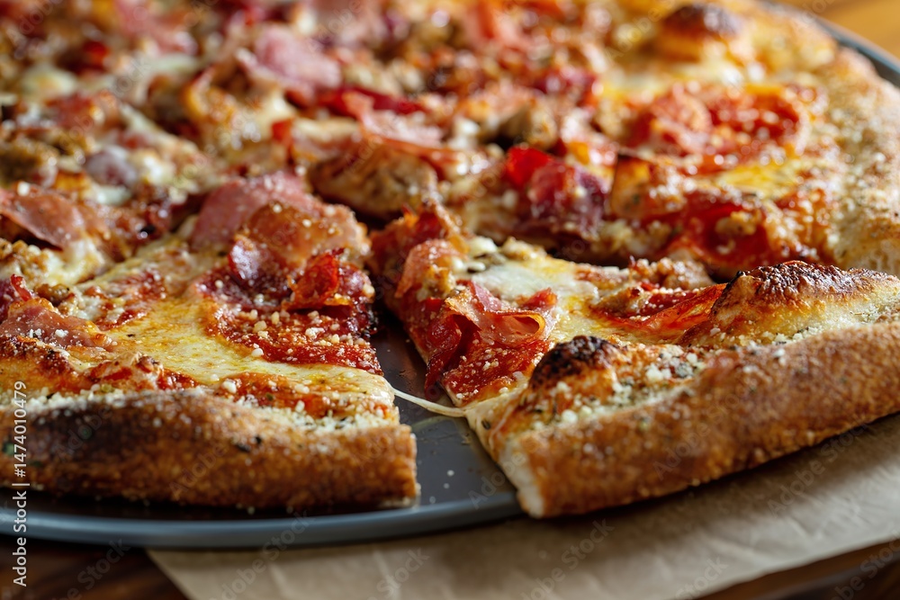 Pepperoni and ham pizza fresh from the oven Pepperoni and ham pizza fresh from the oven