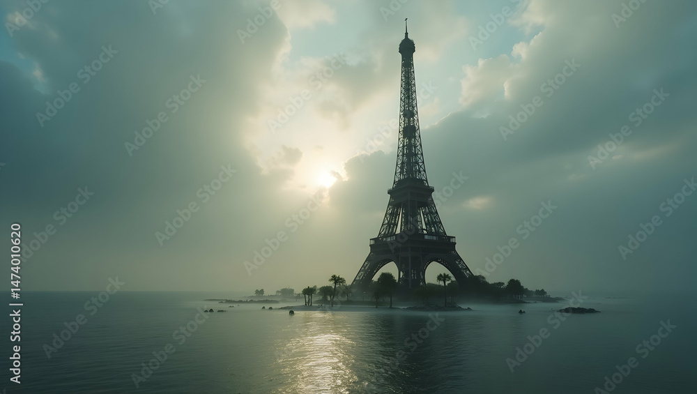 Fototapeta premium The iconic tower of a dreamlike city rises majestically from the mist shrouded waters, a symbol of innovation and beauty against the clouded sky in the distance