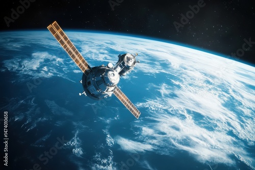 Orbiting spacecraft above a detailed blue planet.