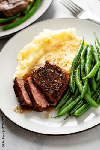 Traditional dinner meal with a bacon wrapped steak, green beans and mashed potatoes
