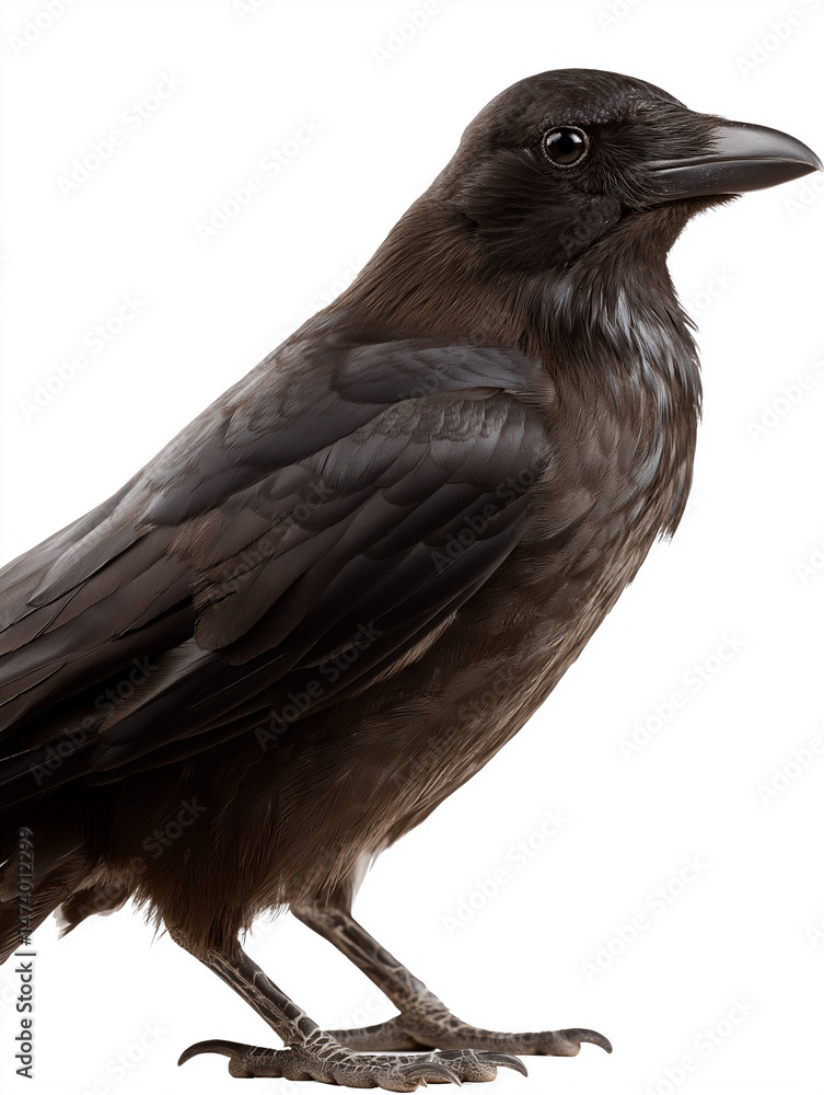 Fototapeta premium Close-up of a Black Raven Standing on White Background – AI Generated