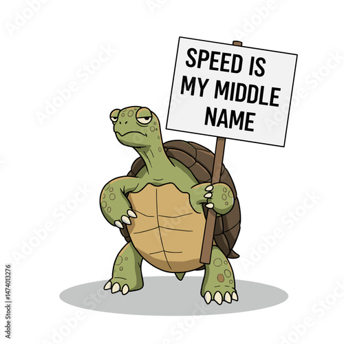Humorous turtle holding a "Speed is my middle name" sign, ideal for motivational campaigns and fun workplace culture