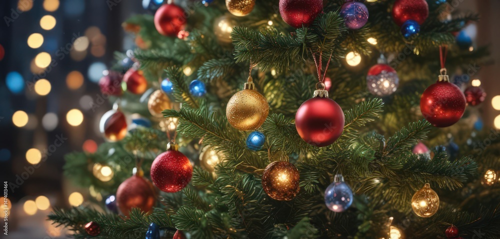 Vibrant baubles adorn a Christmas tree, glowing amidst a bokeh of festive lights , festive season, colorful lights Vibrant baubles adorn a Christmas tree, glowing amidst a bokeh of festive lights , festive season, colorful lights