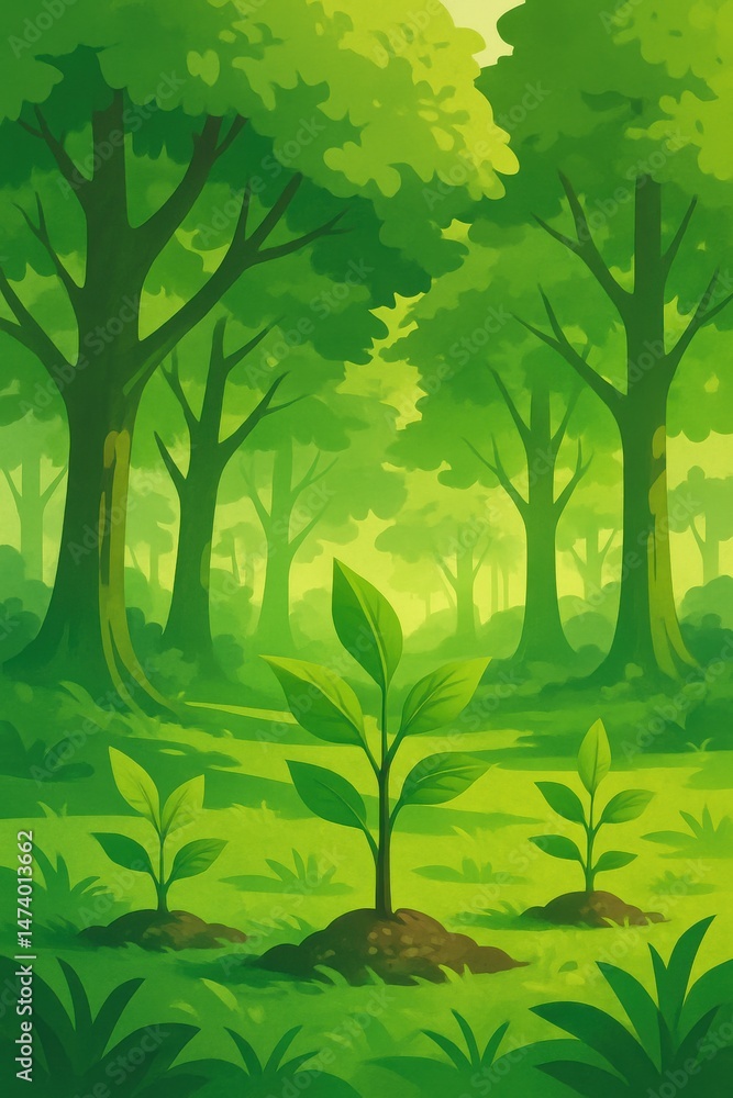 Obraz premium Vibrant illustration of a lush green forest with young saplings growing beneath towering trees