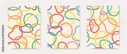 Cover design for kids, drawn doodles. Set of abstract backgrounds with geometric shapes. Template for cover, banner, flyer, poster, brochure and other design.