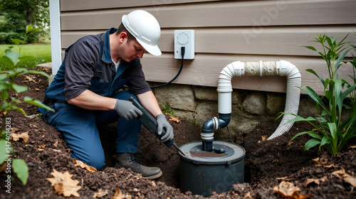 Technician repairing septic system under house, focused and diligent