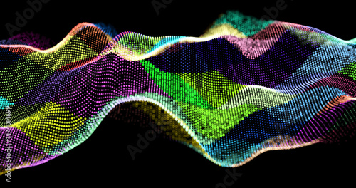 Abstract winding lines of different colors on a black background. Vector illustration in concept technology, science, music, modernity.