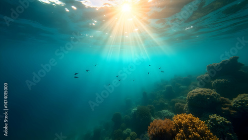 Wallpaper Mural Underwater paradise, Sunlight filters through turquoise water, illuminating a vibrant coral reef teeming with life, creating a serene aquatic landscape Torontodigital.ca