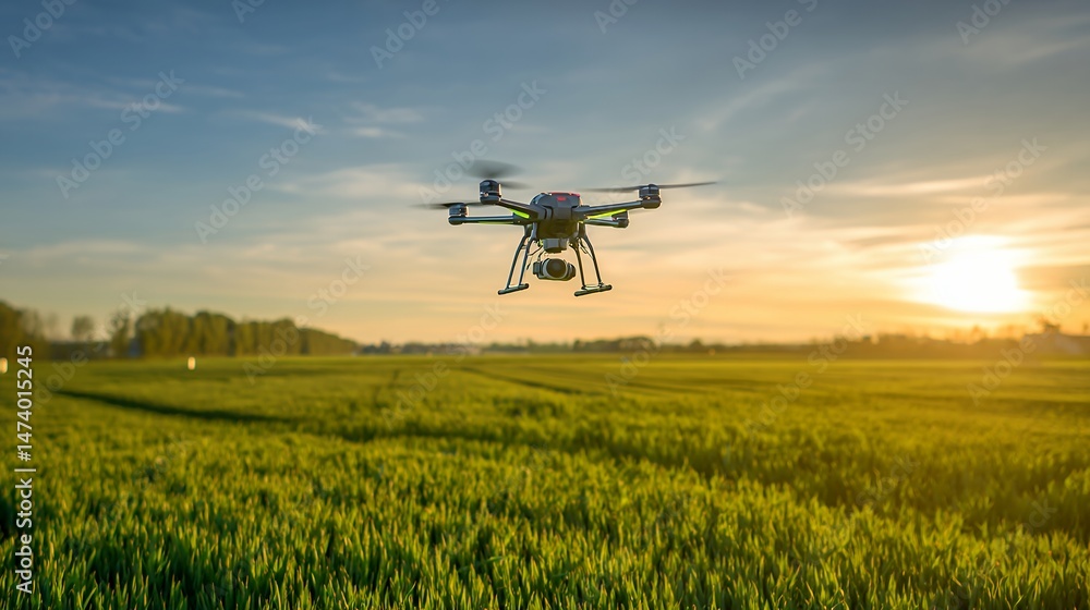 A drone is flying over a field of green grass. The sky is clear and the sun is setting A drone is flying over a field of green grass. The sky is clear and the sun is setting