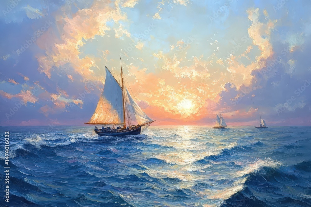 Fototapeta premium Peaceful sunset scene over ocean with sailing ships.