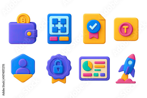 3D icon set of crypto and blockchain startups: crypto wallet app, blockchain explorer screen, smart contract icon, token utility card, Web3 user badge, blockchain security seal, decentralized app