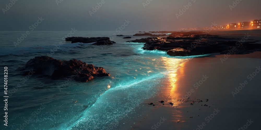 Obraz premium Surreal Bioluminescent Waves at Night