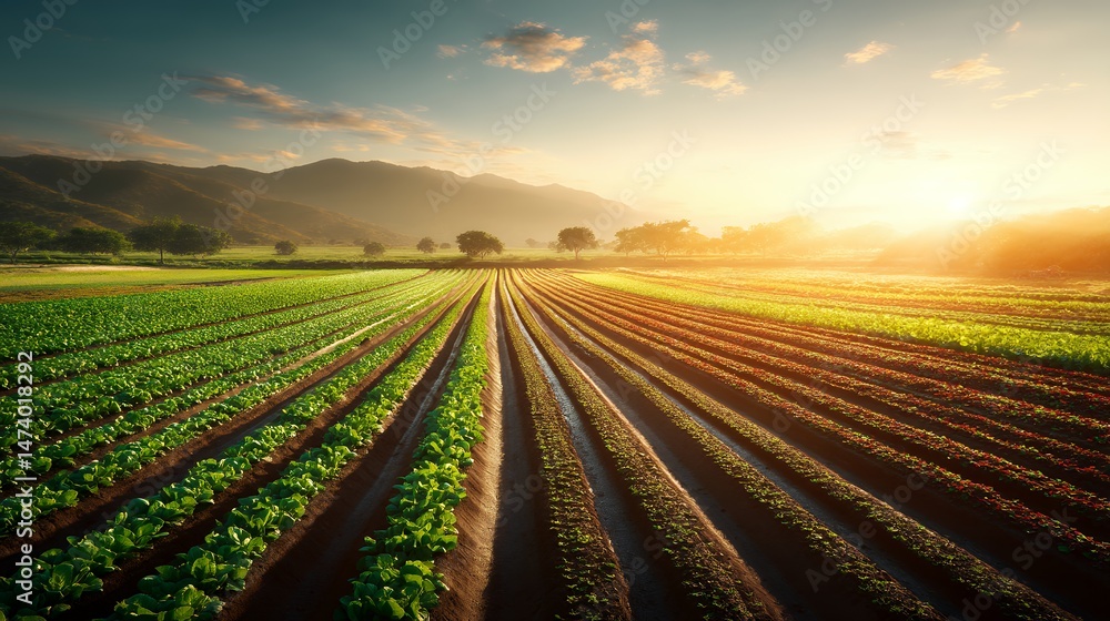 A field of green plants with a bright sun in the background. The sun is shining on the plants A field of green plants with a bright sun in the background. The sun is shining on the plants