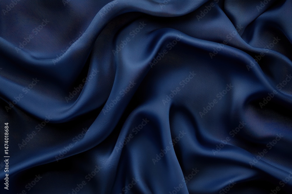 Deep navy blue silk fabric, draped in flowing, wavy folds. Close-up texture shows smooth, luxurious surface Deep navy blue silk fabric, draped in flowing, wavy folds. Close-up texture shows smooth, luxurious surface