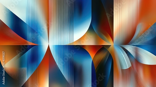 An abstract geometric composition featuring flowing lines and vibrant colors