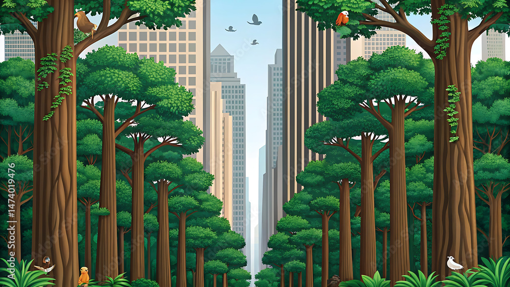 Obraz premium Surreal Skyscrapers with Floating Umbrellas
