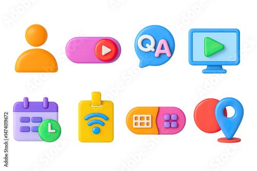 3D icon set of hybrid event features: in-person attendee icon, live stream toggle, simultaneous Q&A badge, shared content screen, synchronized schedule card, hybrid access pass, multi-format toggle,