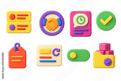 3D icon set of async creative workflows: task queue icon, handoff badge, timestamped comment screen, version approval bubble, creative brief tag, auto-updated board card, review toggle, asset