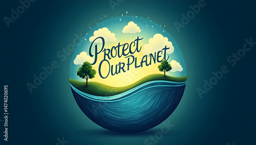 Vibrant Illustration of the Earth emphasizing ,Protect Our Planet, message, with lush greenery, flowing water and clear skies for a healthy environment