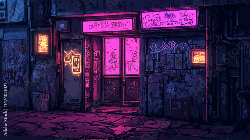 Schilderij op canvas Futuristic cyberpunk alley glowing with neon lights, graffiti-covered walls, and gritty urban textures at night