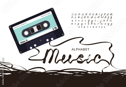 Cassette Tape Alphabet - Retro Font Made from Magnetic Audio Tape, Creative One-Line Letters and Numbers in 80s Style.