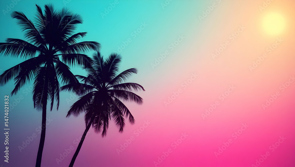 Fototapeta premium Vibrant ombre tropical paradise, Palm trees silhouetted against a gradient sky of soft aquamarine, peach, and pink hues, evoking a serene and dreamy atmosphere