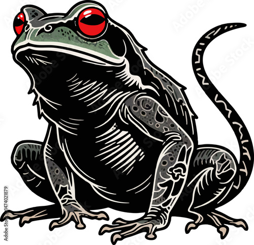 Stylized Black Frog with Red Eyes in Bold Artistic Design
