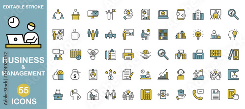Colored business and management  icon set. Editable stroke. Vector illustration