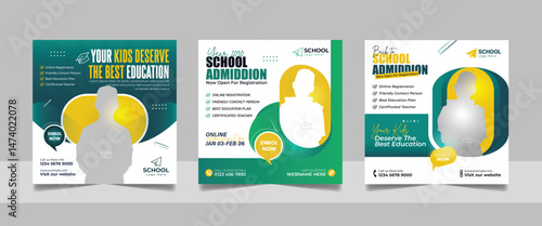back to school admission social media post set, higher education promotion square flyer web banner study abroad template design.