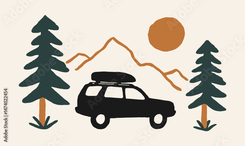 Scenic Road Trip Adventure with Car in Forest Mountains under Sunlight