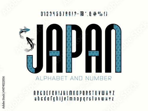 Latin Alphabet in Japanese Style - Black Modern Font with Traditional Blue Patterned Inserts, Letters, Numbers and Symbols.