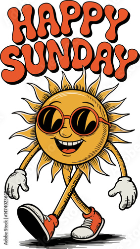 Retro cartoon vector of a happy sun character wearing sunglasses, gloves, and sneakers, walking with a joyful expression under the bold text “HAPPY SUNDAY.”