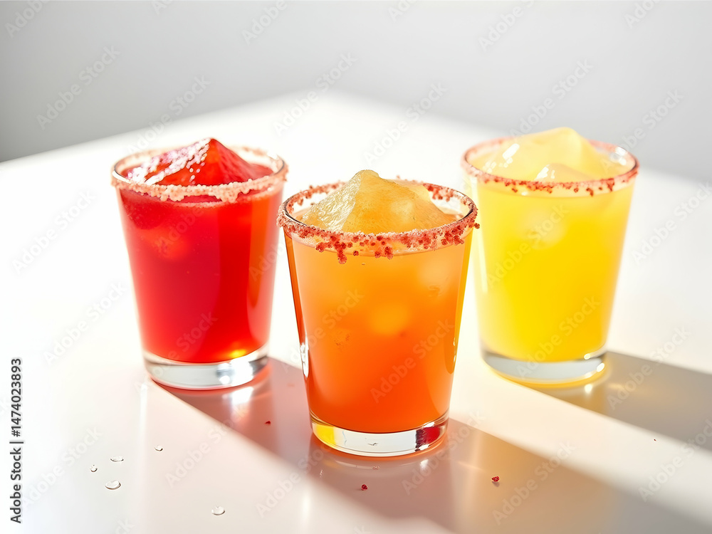 Vibrant trio of frozen margaritas each uniquely colored and decorated creating a visually appealing and refreshing presentation perfect for summer refreshment Vibrant trio of frozen margaritas each uniquely colored and decorated creating a visually appealing and refreshing presentation perfect for summer refreshment