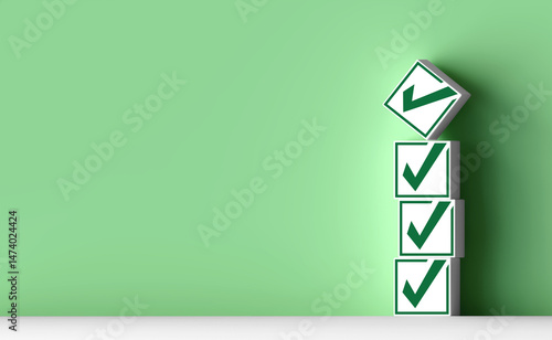 Check mark icon stacked on green background. checklist survey concept ,and evaluation Accreditation, quality assurance. with copy space and business design. 3D rendering illustration