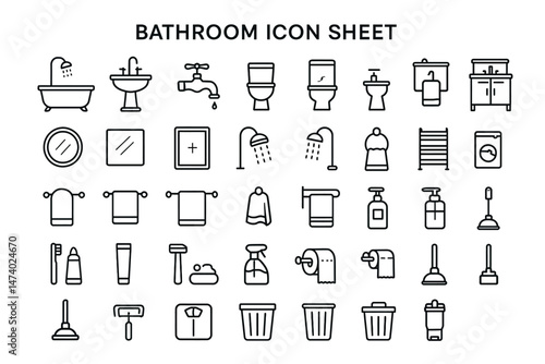 Bathroom Icon Sheet: A comprehensive icon sheet presents a range of bathroom-related elements, neatly arranged for diverse design applications, ideal for design projects.