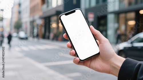 Fototapeta Naklejka Na Ścianę i Meble -  Person holding smartphone with blank screen on city street background