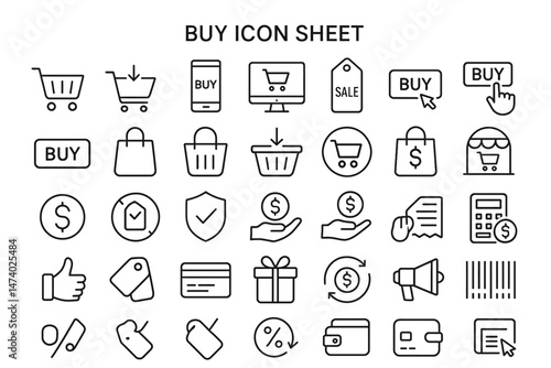 Buy icon sheet : a clean illustration of various buy and shopping icons, perfect for web design and e-commerce. 