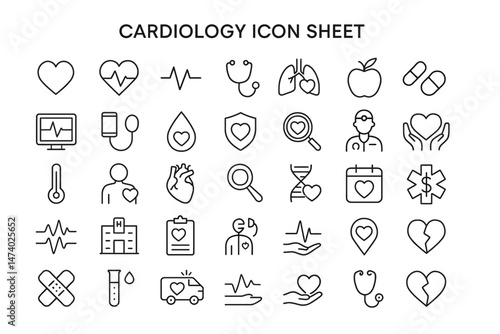 Cardiology Icon Sheet: A comprehensive and versatile collection of  linear iconography relating to cardiology, health, and heart health. This set includes icons for heart health.