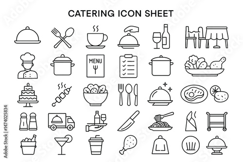 Culinary Icon Array: A comprehensive sheet showcasing a collection of culinary icons, designed to represent the essence of the catering service, in a simple, clean style.