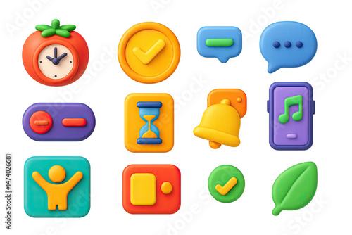 3D icon set of focused work sessions: Pomodoro timer icon, task focus badge, deep work bubble, no-distraction toggle, break countdown card, music for focus screen, desk stretch tag, single-task mode