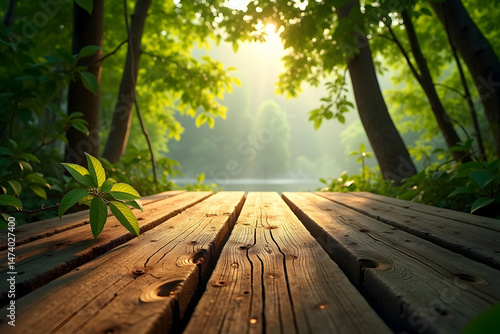 Warm Sunlight on Rustic Wooden Planks, A Serene Natural Retreat with a Lake View, Perfect for Relaxation and Reflecting in Peaceful Outdoors