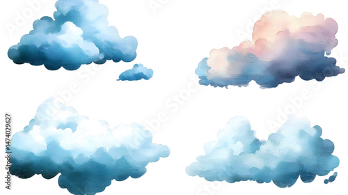 Set of watercolor clouds on a transparent background. Watercolor illustration. Clipart PNG