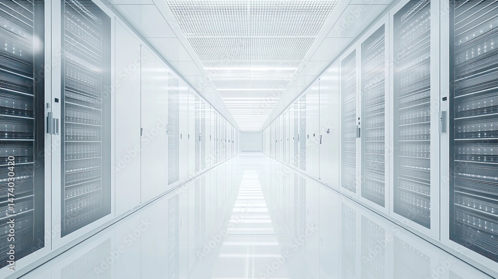 A long hallway filled with server racks in a data center with bright white lighting and a shiny floor A long hallway filled with server racks in a data center with bright white lighting and a shiny floor
