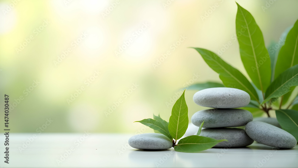 Obraz premium Zen Harmony, Balancing Stones and Verdant Leaves for Serene Wellness and Peaceful Reflection in a Tranquil Natural Setting Ideal for Meditation and Mindfulness