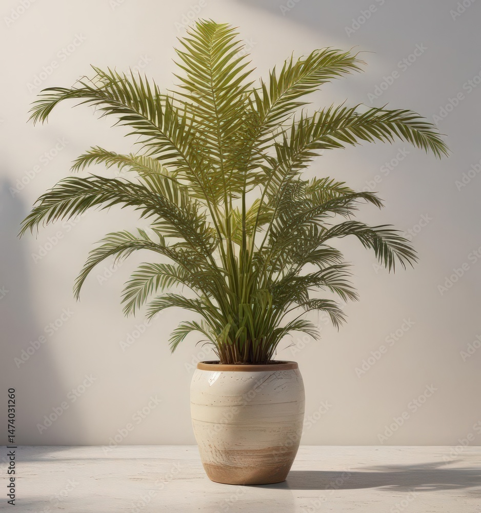 Fototapeta premium Lush golden cane palm in elegant ceramic pot, sunlight dappled leaves , image, plantlife
