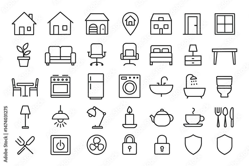 Home Essentials: Collection of clean, minimalistic line art icons of houses, furniture, and household items, ideal for illustrating concepts of home, living, and design. Home Essentials: Collection of clean, minimalistic line art icons of houses, furniture, and household items, ideal for illustrating concepts of home, living, and design.