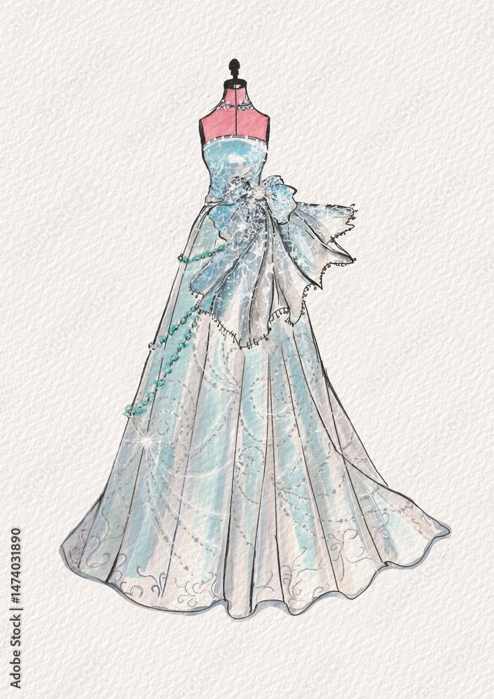 Obraz premium Sparkle bling blue gown prom dress fhashion design. Fashion illustration