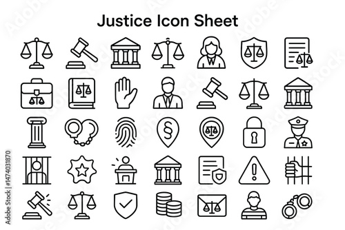 Justice Icon Sheet: An array of thematic illustrations, representing the cornerstones of the legal system, from scales of justice to gavels.